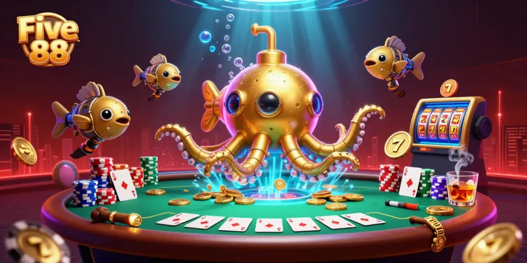 Experience thrilling gaming with Five 88's golden kraken submarine amidst casino elements.
