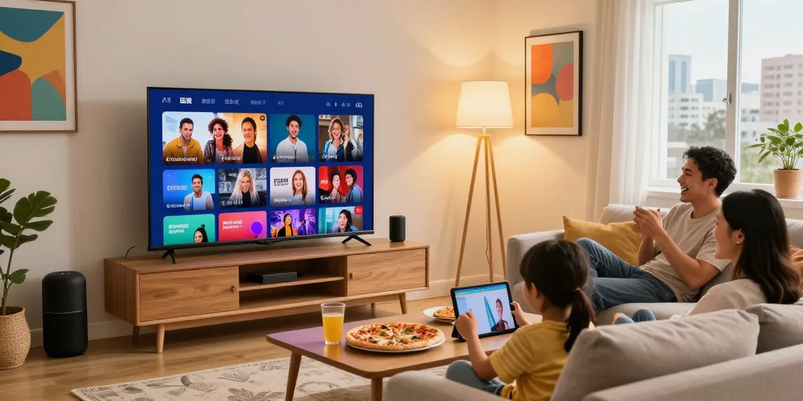 Family enjoying IPTV streaming in a cozy living room with a vibrant atmosphere.