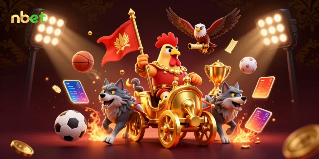 Experience nbet's dynamic gambling adventure with a rooster warlord and sports elements.