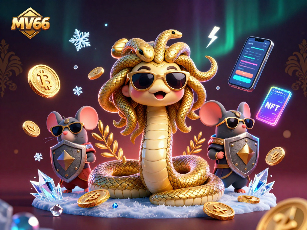 Win big at MV66 with a vibrant, 3D casino-themed illustration showcasing charming characters and cryptocurrency elements.