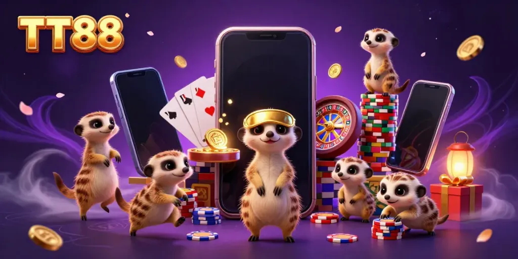Experience the excitement of TT88 with animated meerkats operating a dynamic casino scene.