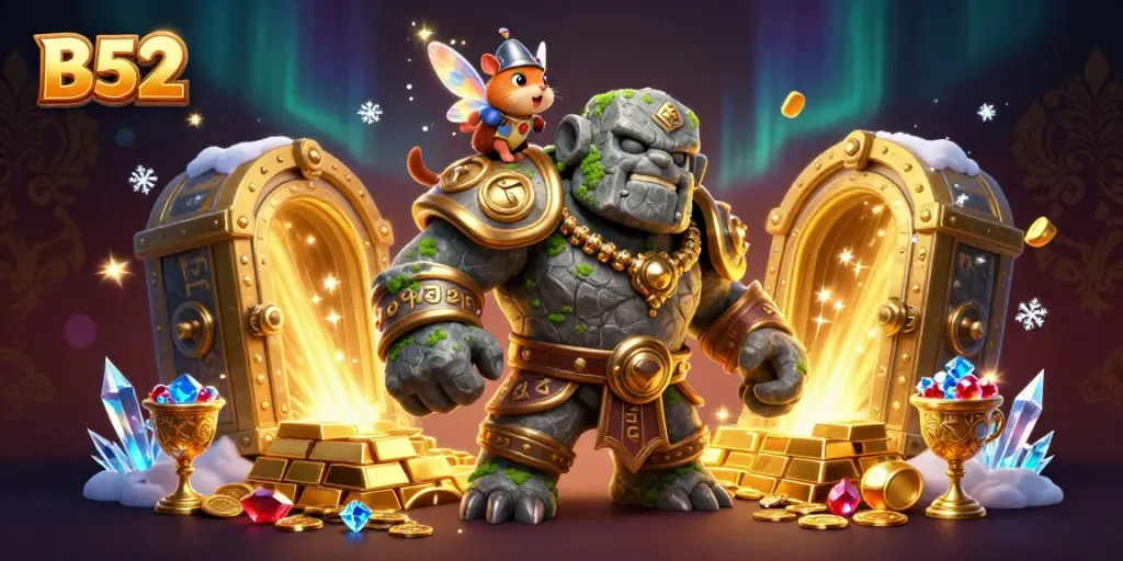 Experience the magic of B52, where a stone golem guardian and brave hamster knight invite you to explore thrilling casino adventures and treasures.