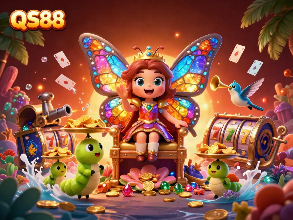Experience the vibrant QS88 casino with a butterfly queen surrounded by gems and gaming elements.