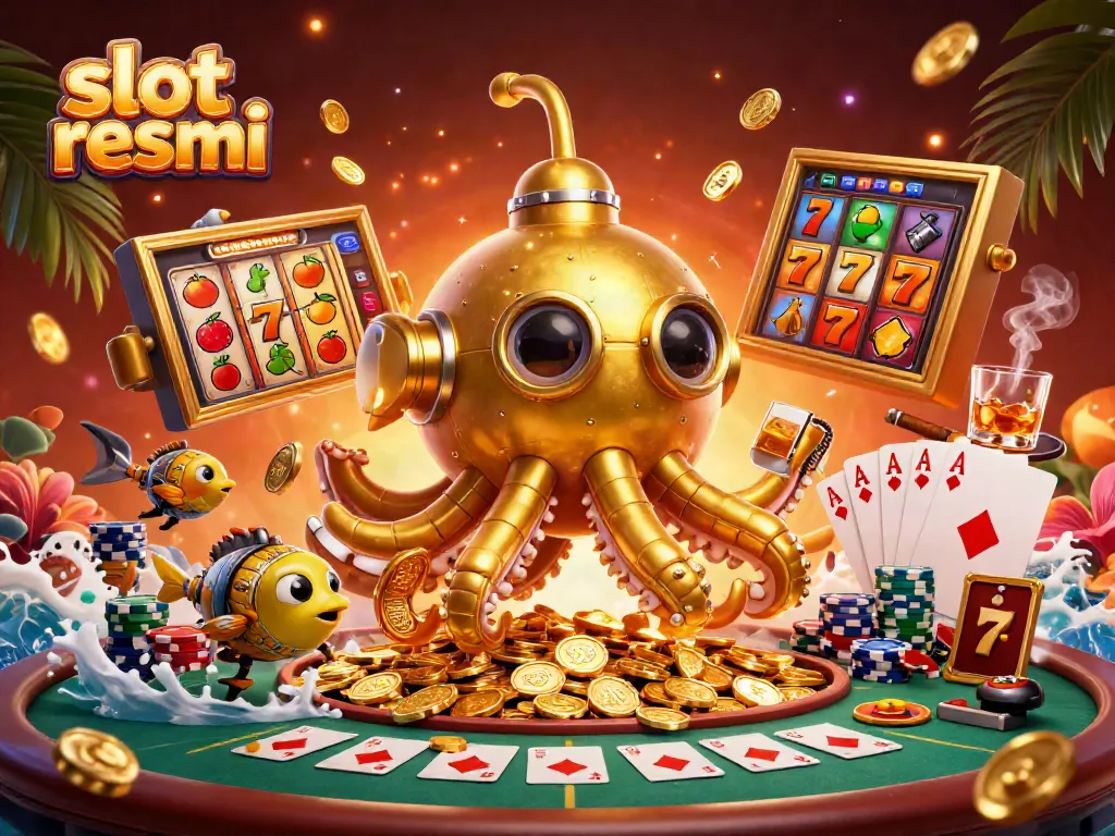 Engaging illustration of a golden kraken submarine exploring slot resmi with vibrant casino elements