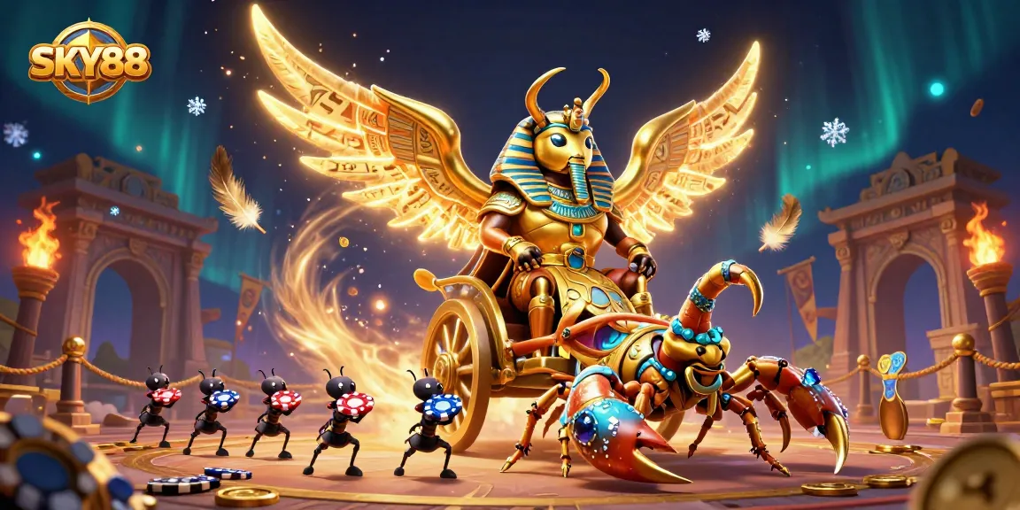 Experience the thrill of SKY88 with a 3D illustration showcasing a colossal scarab beetle leading vibrant casino elements.