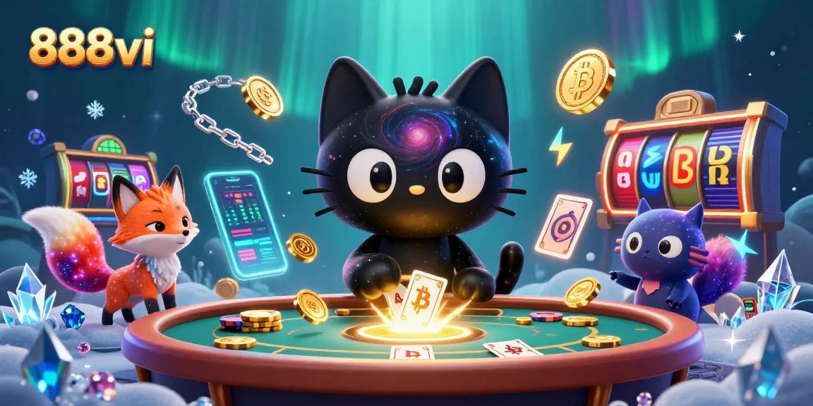 Experience the thrill of 888vi with a vibrant cosmic scene showcasing a black hole cat and nebula fox amidst dynamic casino elements.