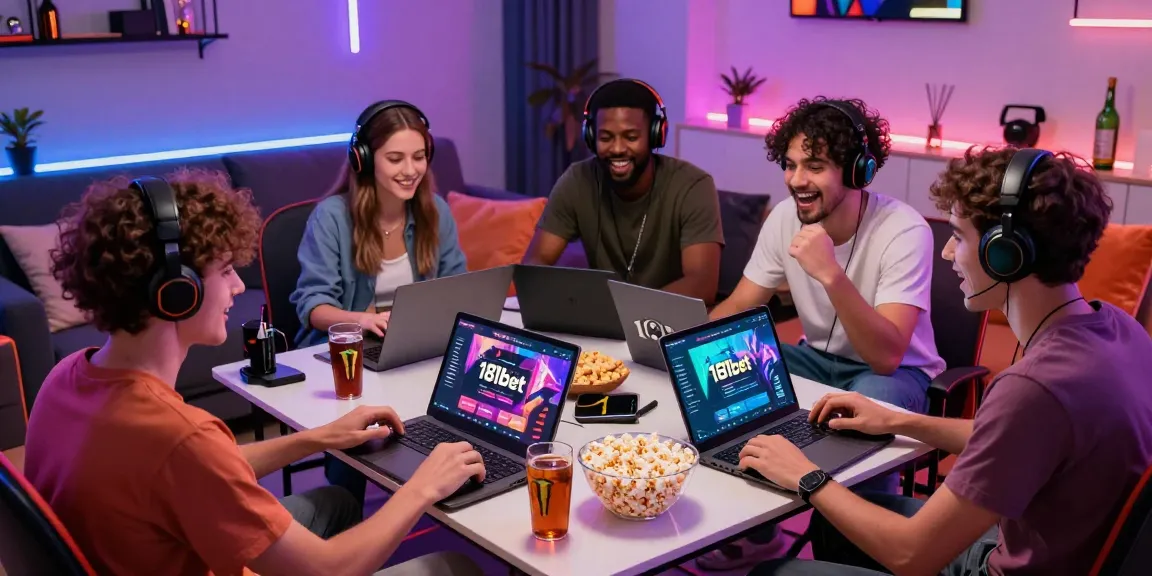 Friends engaging with 181bet gaming platform in a vibrant living room setting with snacks and LED lights.