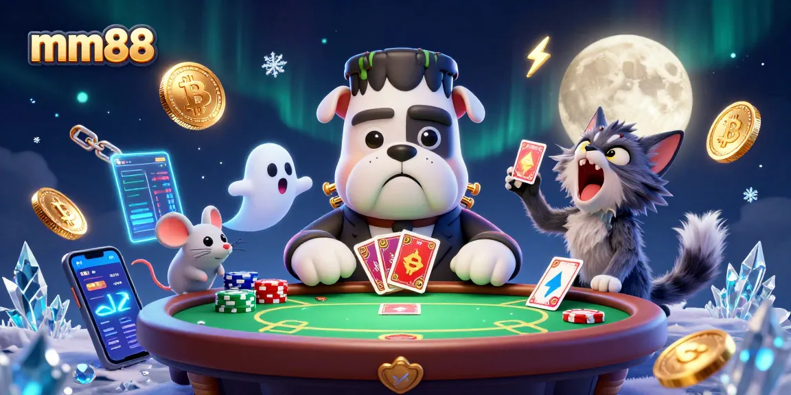 Play exciting poker at mm88 while enjoying a whimsical 3D casino scene featuring unique characters and crypto elements.