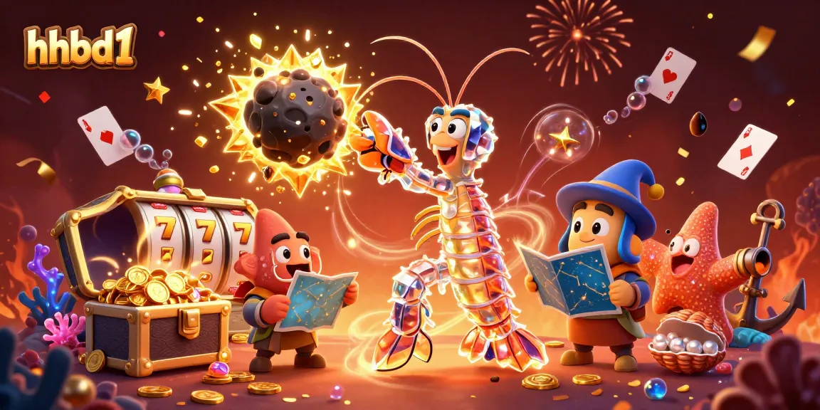 hhbd1 showcases a vibrant, action-packed illustration of a mantis shrimp smashing through an asteroid amidst casino treasures.