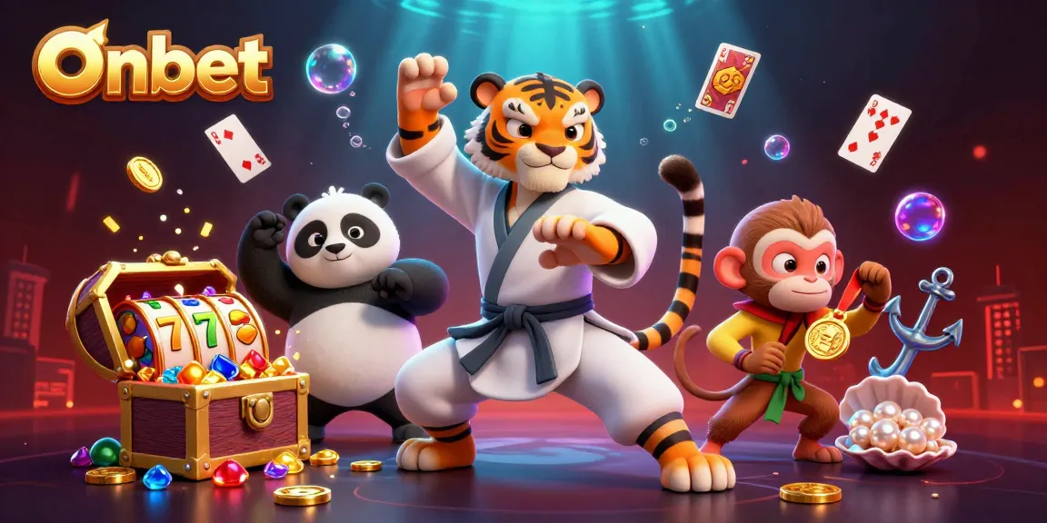 Engage in thrilling slot games at Onbet, featuring a dynamic scene with characters and gold coins.