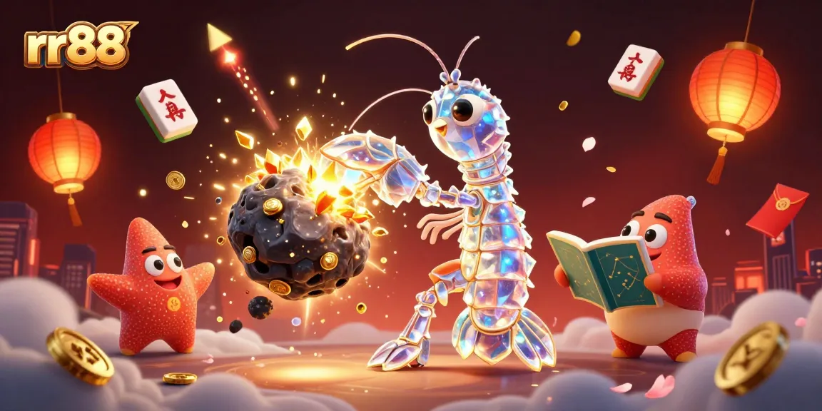 rr88 showcases an epic 3D scene with a galactic samurai mantis shrimp, golden gems, and vibrant casino elements.