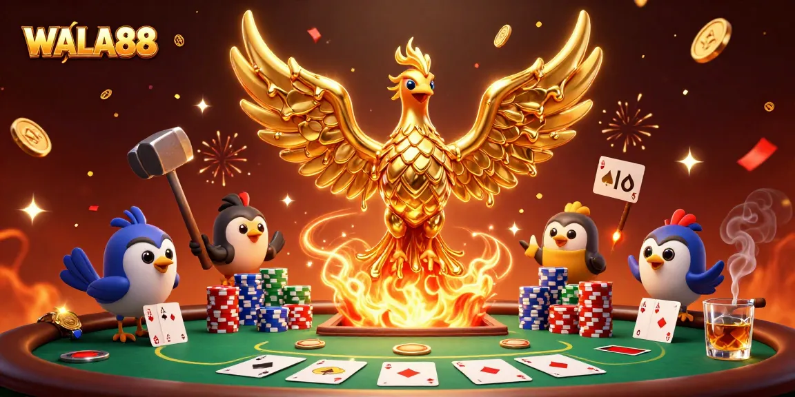 WALA88's vibrant online gambling scene showcases a phoenix, poker elements, and dynamic energy.