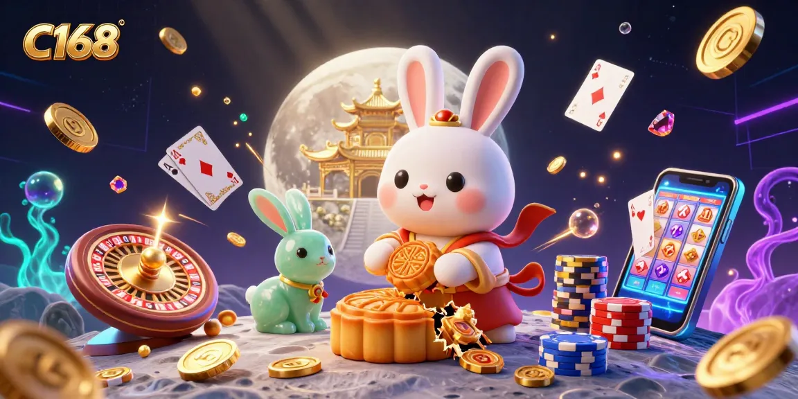 C168 unleashes epic fortune as a moon rabbit pounds mooncakes revealing poker chips in a vibrant casino illustration.