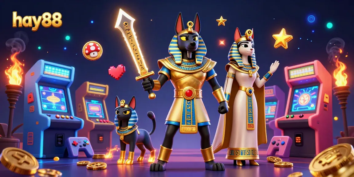Experience excitement at hay88 with a vibrant 3D casino scene featuring Anubis and Bastet.