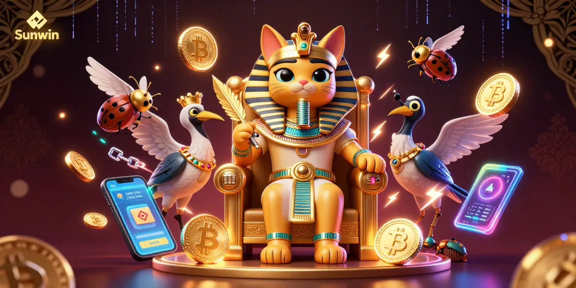 Sunwin offers thrilling gameplay with a 3D scene featuring royal characters immersed in vibrant casino elements and cryptocurrency.
