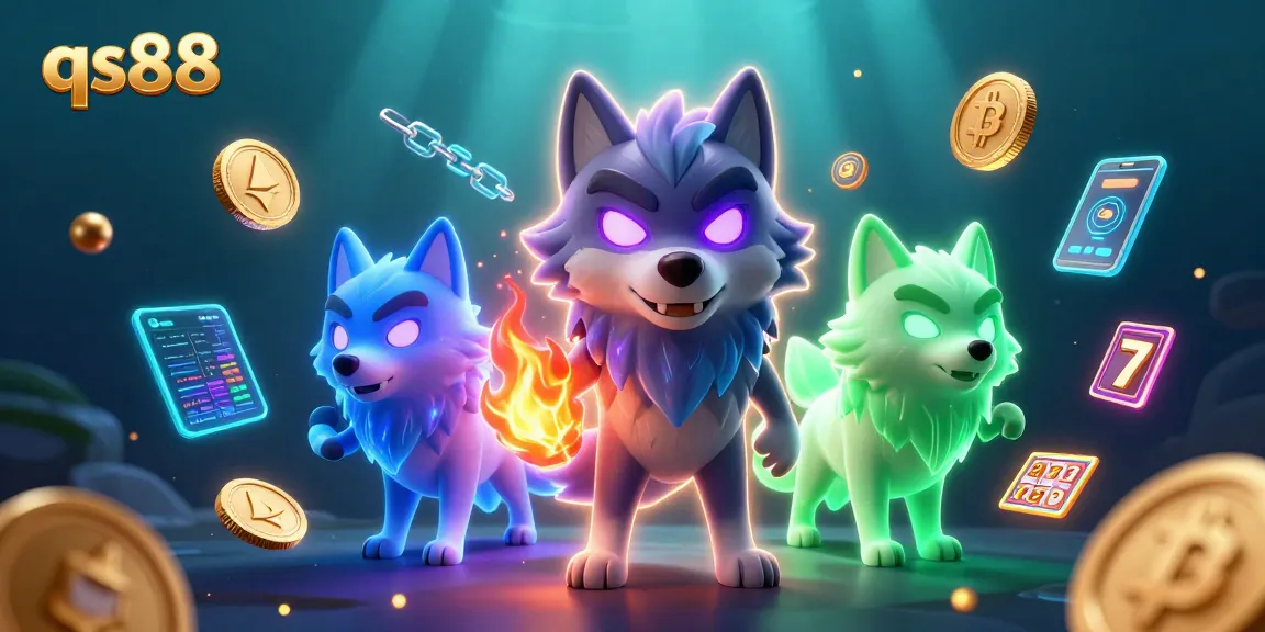 Engage with qs88's immersive gaming experience, featuring dynamic 3D wolf characters and casino elements.