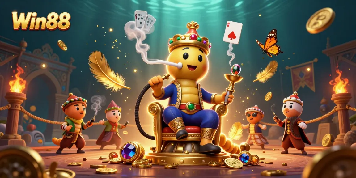 Win88 casino adventure featuring a caterpillar hookah-master blowing poker symbols through smoke rings.