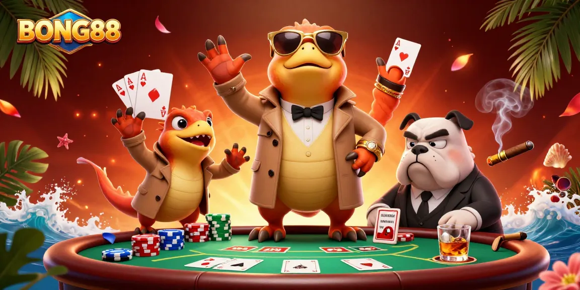 BONG88 animates three raptors disguising as one person at a VIP casino lounge with poker elements.