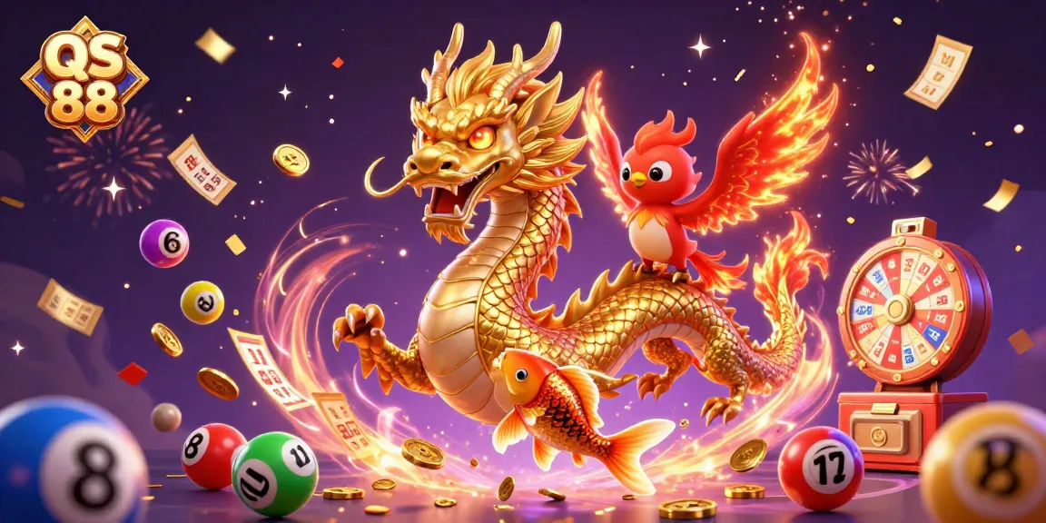 Engage with QS 88 in a vibrant scene featuring a golden dragon and colorful lottery elements.