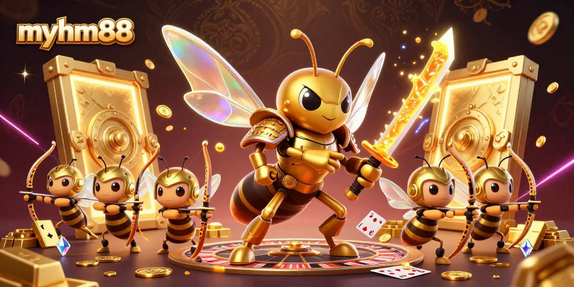 Engaging myhm88 cartoon illustration of a giant golden hornet and bee archers amidst casino treasures.