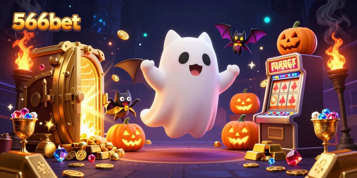 Experience the excitement of 566bet with a friendly ghost cat in a haunted casino environment.