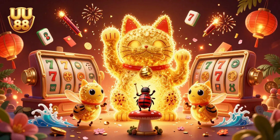 Win at UU 88 with an enchanting 3D illustration of a lucky cat surrounded by casino symbols.