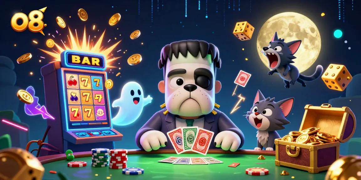 Engage in exciting gameplay with O8’s lively casino-themed illustration featuring characters dealing cards.