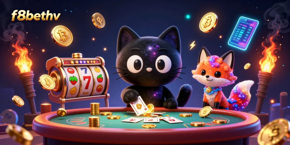Engage with f8bethv's vibrant cosmic casino illustration featuring a black hole cat and exciting slot elements.