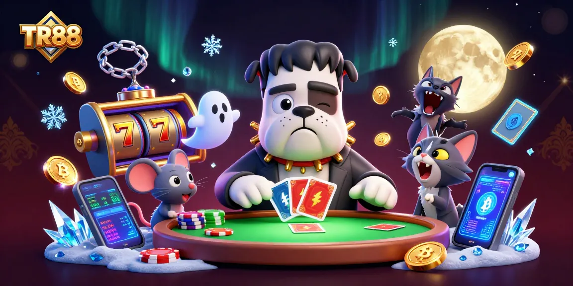 Engage with TR88 at a thrilling casino scene featuring a Frankenstein bulldog dealer and vibrant slot machines.
