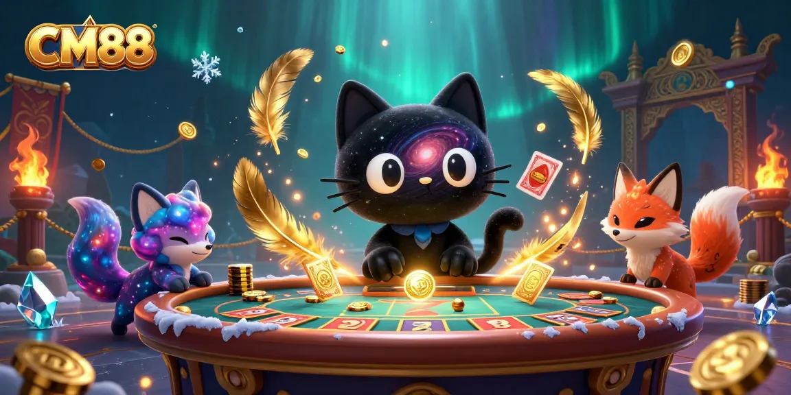 Experience the thrilling essence of CM88 with a cosmic casino adventure artwork featuring vibrant characters and game elements.