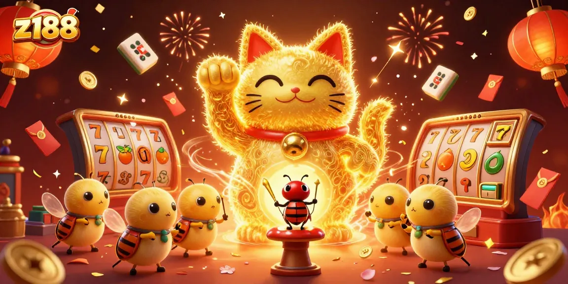 Experience excitement with z188 as golden fireflies create a lucky cat in a vibrant casino scene.