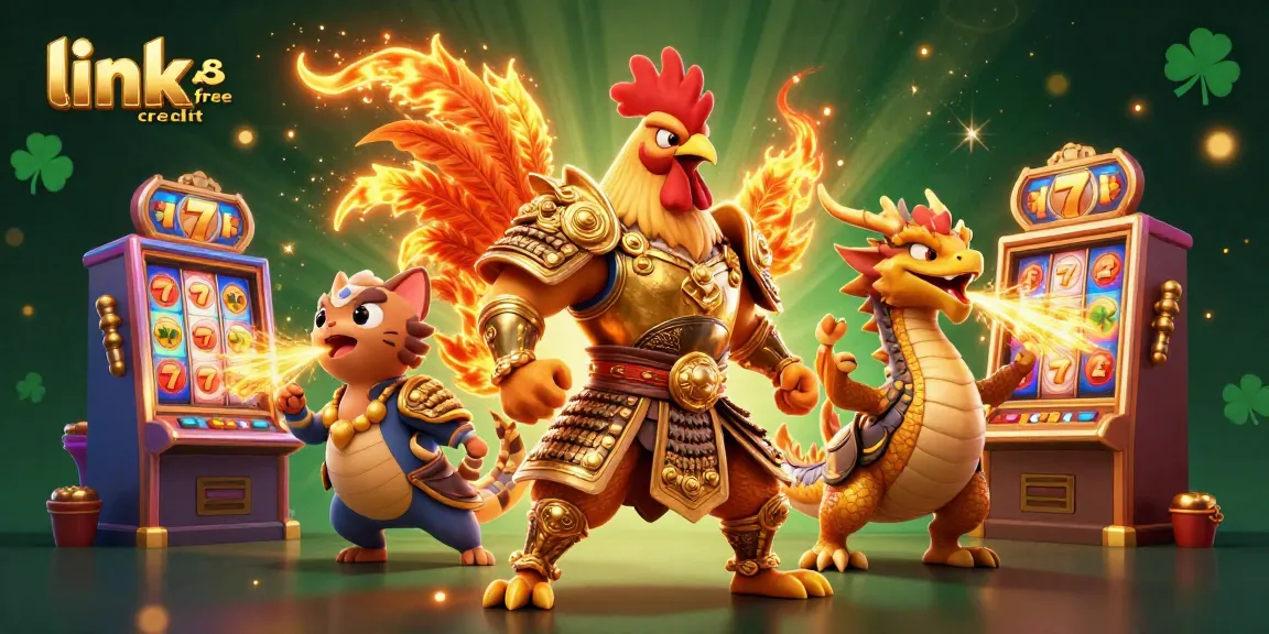 Experience thrilling gaming action with link free credit as a 3D rooster warrior and dragon amidst vibrant slot machines.