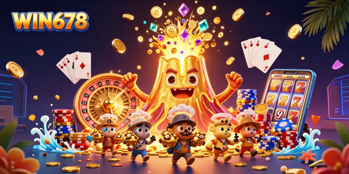 WIN678 welcomes players with a triumphant volcano showering treasures and dynamic casino elements.