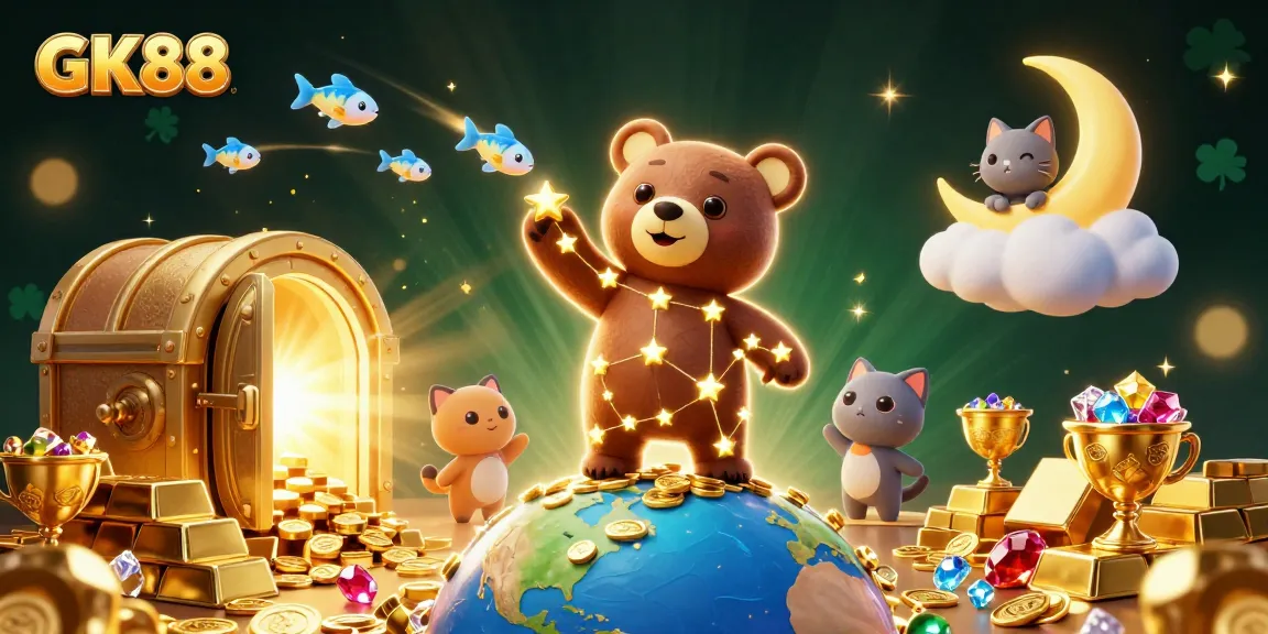 GK88 cartoon scene with constellation bear, treasure vault, and dynamic casino elements