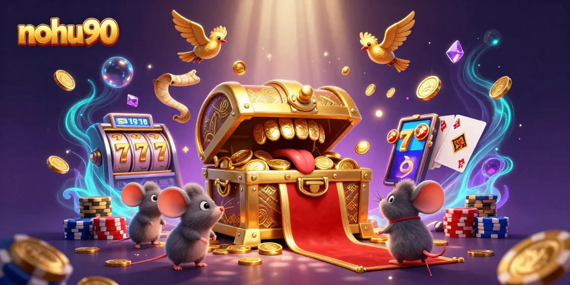 Engage with jackpot excitement at nohu90, featuring a dynamic scene of slots and thrilling treasures.