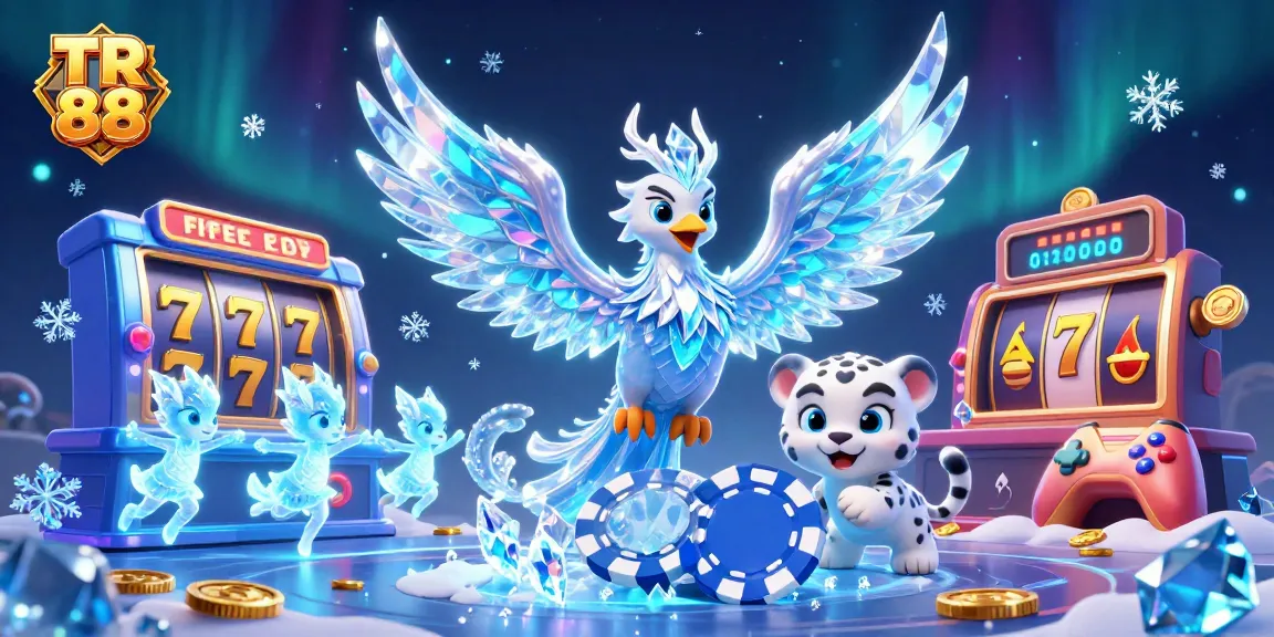 TR 88 showcases an ice phoenix and snow leopard cub amidst vibrant casino gaming elements, enhancing your betting experience.
