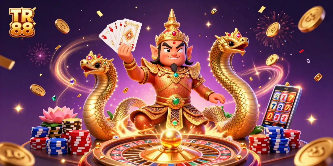 Winning at TR 88 with thrilling slot reels, golden chips, and vibrant casino elements.