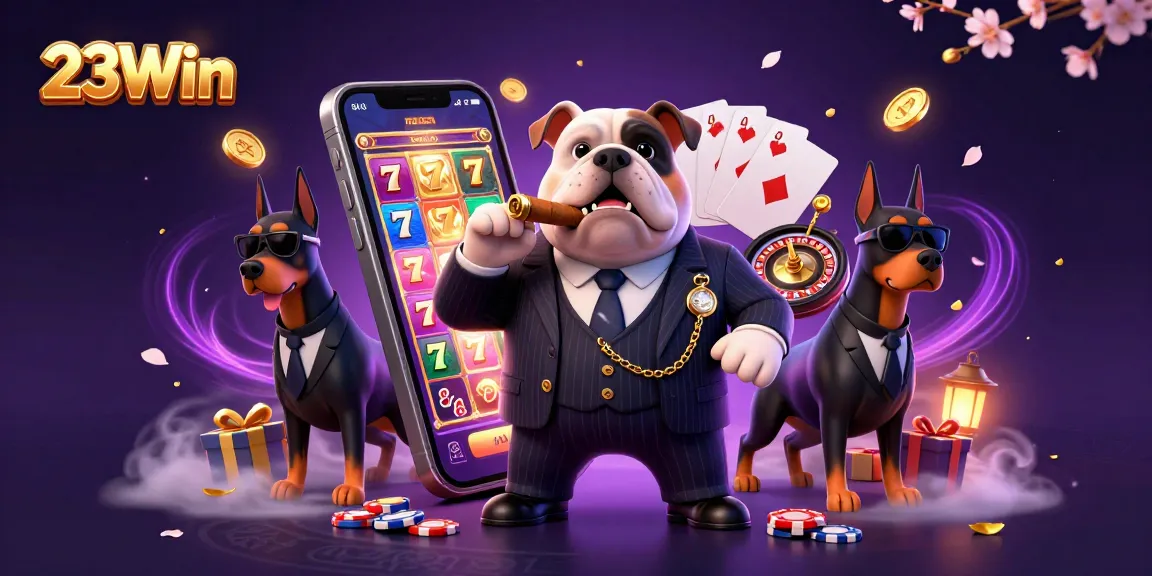 Engage with the thrilling 23Win casino adventure as the mafia boss bulldog flanked by Doberman bodyguards promotes the games.