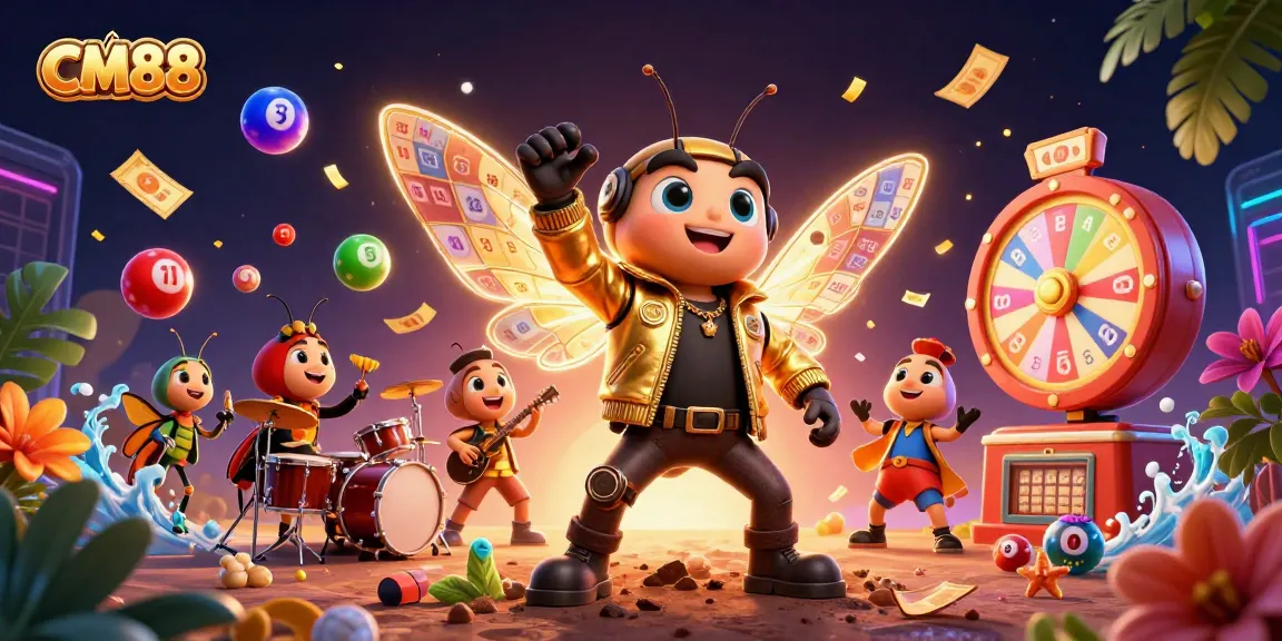 Engage in exciting gambling activities with CM88 showcased with vibrant visuals of lottery excitement and characters.