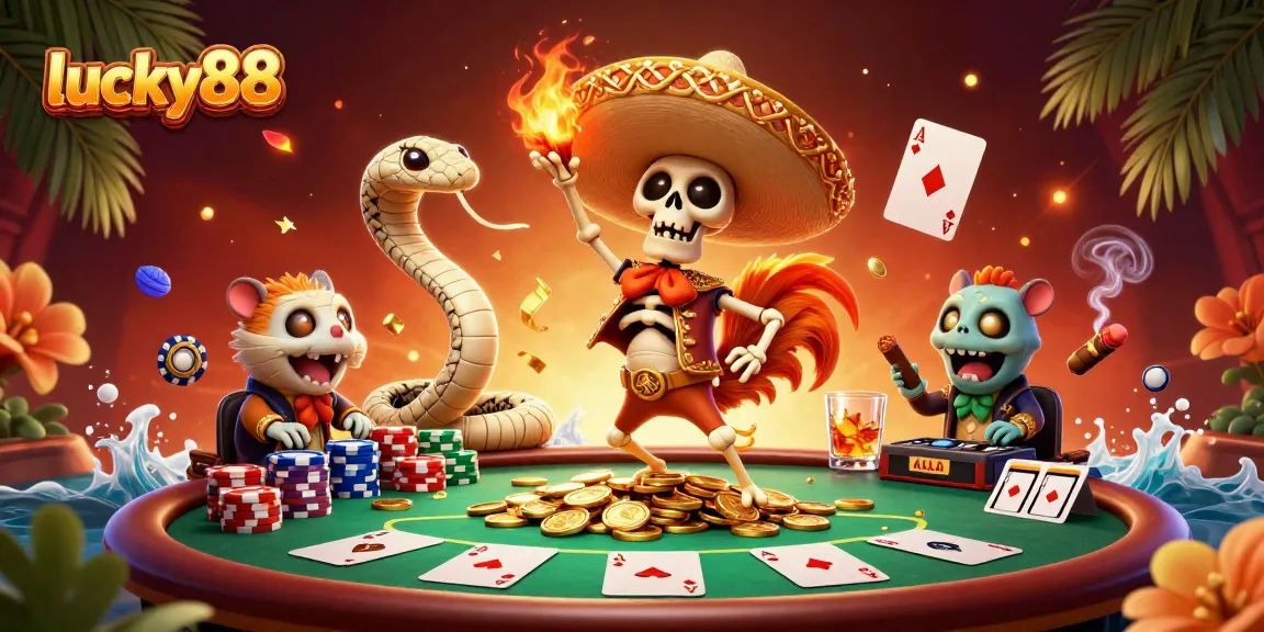 Join lucky88's thrilling poker scene with dancing characters and vibrant elements for an engaging experience.