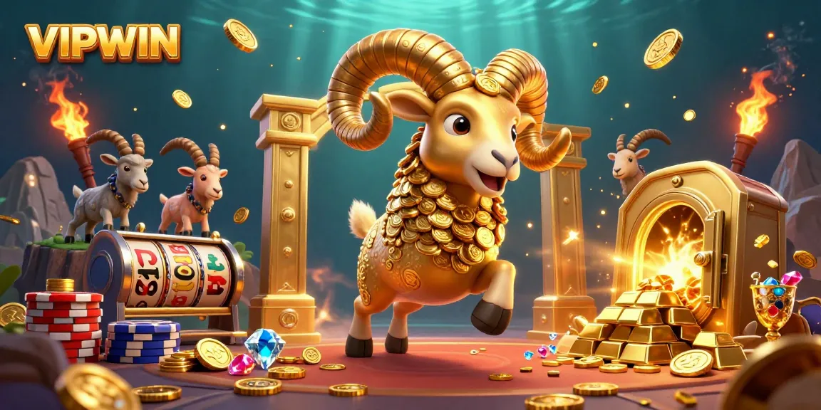 Experience the thrilling world of VIPWIN with a golden ram charging through a vibrant casino scene.