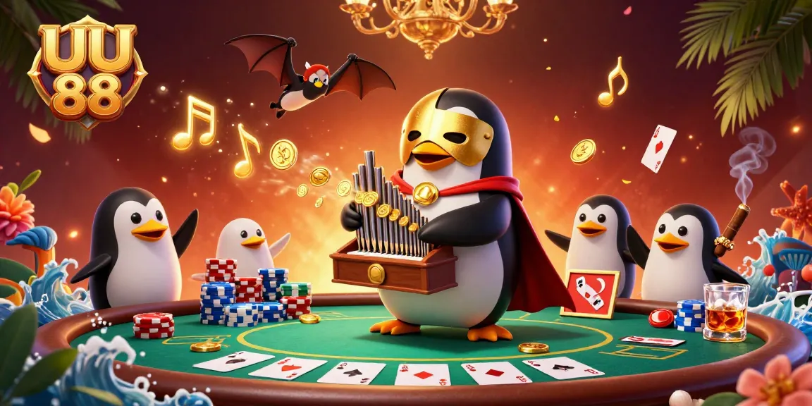 Experience big wins at UU 88 with a vibrant casino scene featuring a penguin playing the organ as golden coins burst forth.