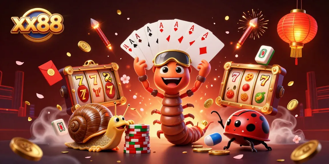 Experience thrilling wins at xx88 with lively casino elements featuring a millipede dealer, chip stacks, and vibrant jackpots.