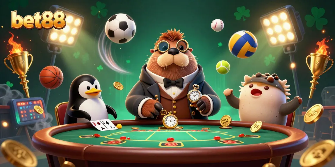 bet88 bets come to life with 3D characters at a dynamic poker table scene featuring a walrus, penguin, and pufferfish.