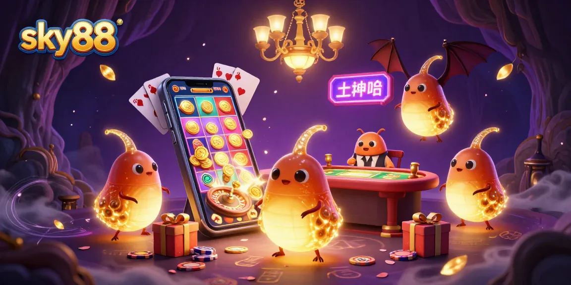 Experience the magic of sky88 as animated glowworms illuminate a vibrant casino scene.