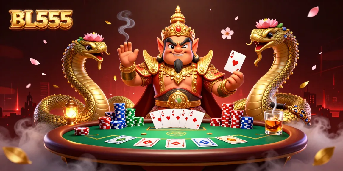 BL555 showcases a friendly temple guardian in a vibrant gambling scene filled with poker elements.