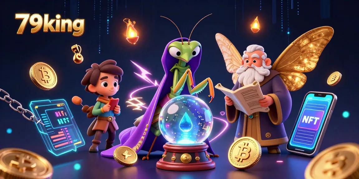 Experience the excitement of 79king with a vibrant, dynamic scene featuring fortune tellers and cryptocurrency elements.