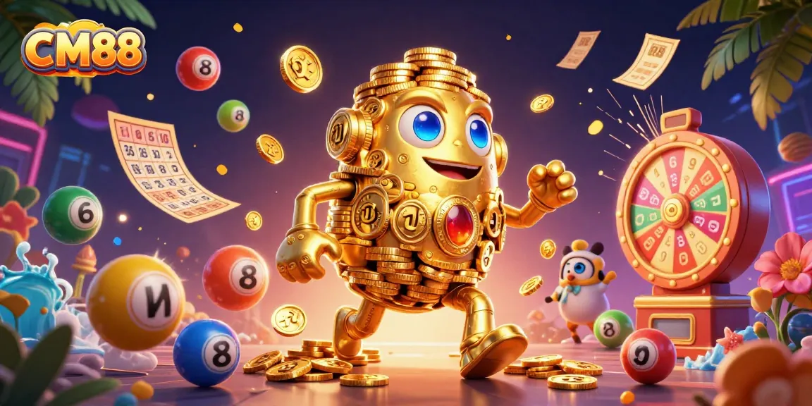 Engage with CM88's golden golem amidst vibrant casino elements and lottery excitement.