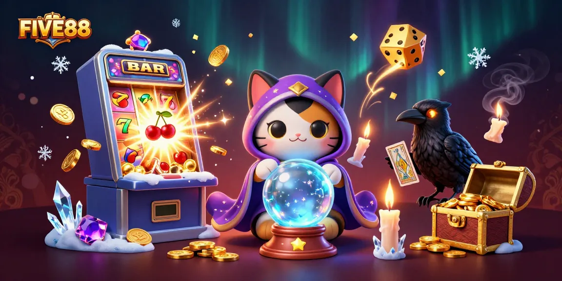 Experience the magic of FIVE88 with an enchanting 3D casino scene featuring mystical characters and rich details.