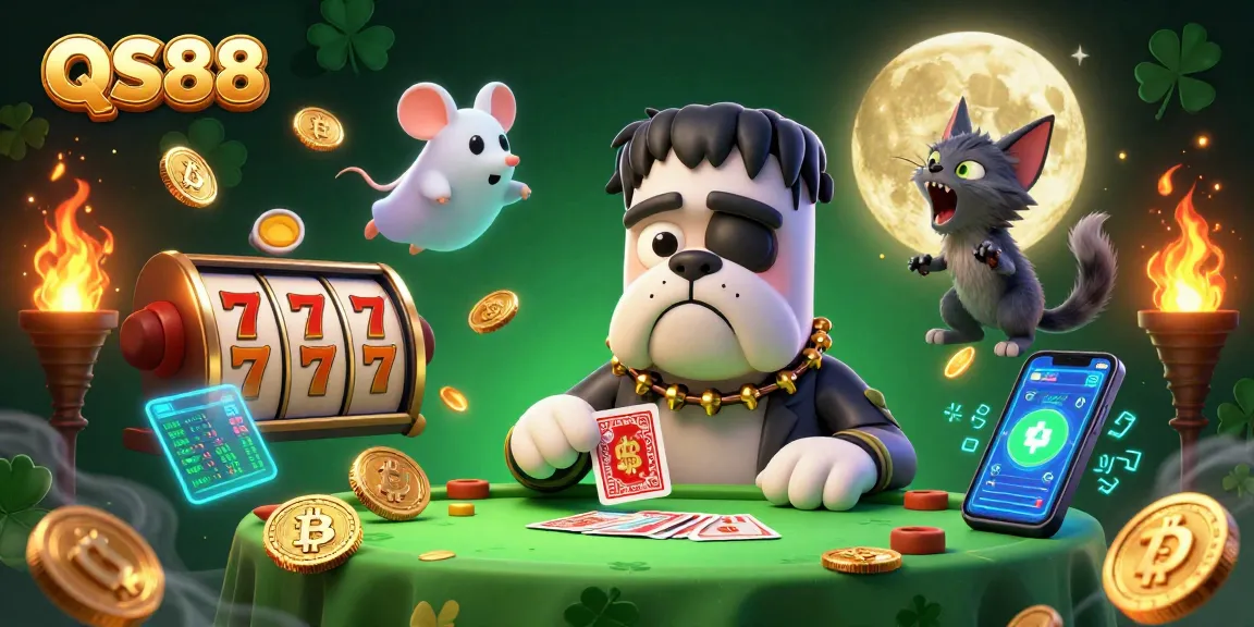 Experience QS88's thrilling casino atmosphere with a cartoon bulldog monster dealing cards at a spooky table.